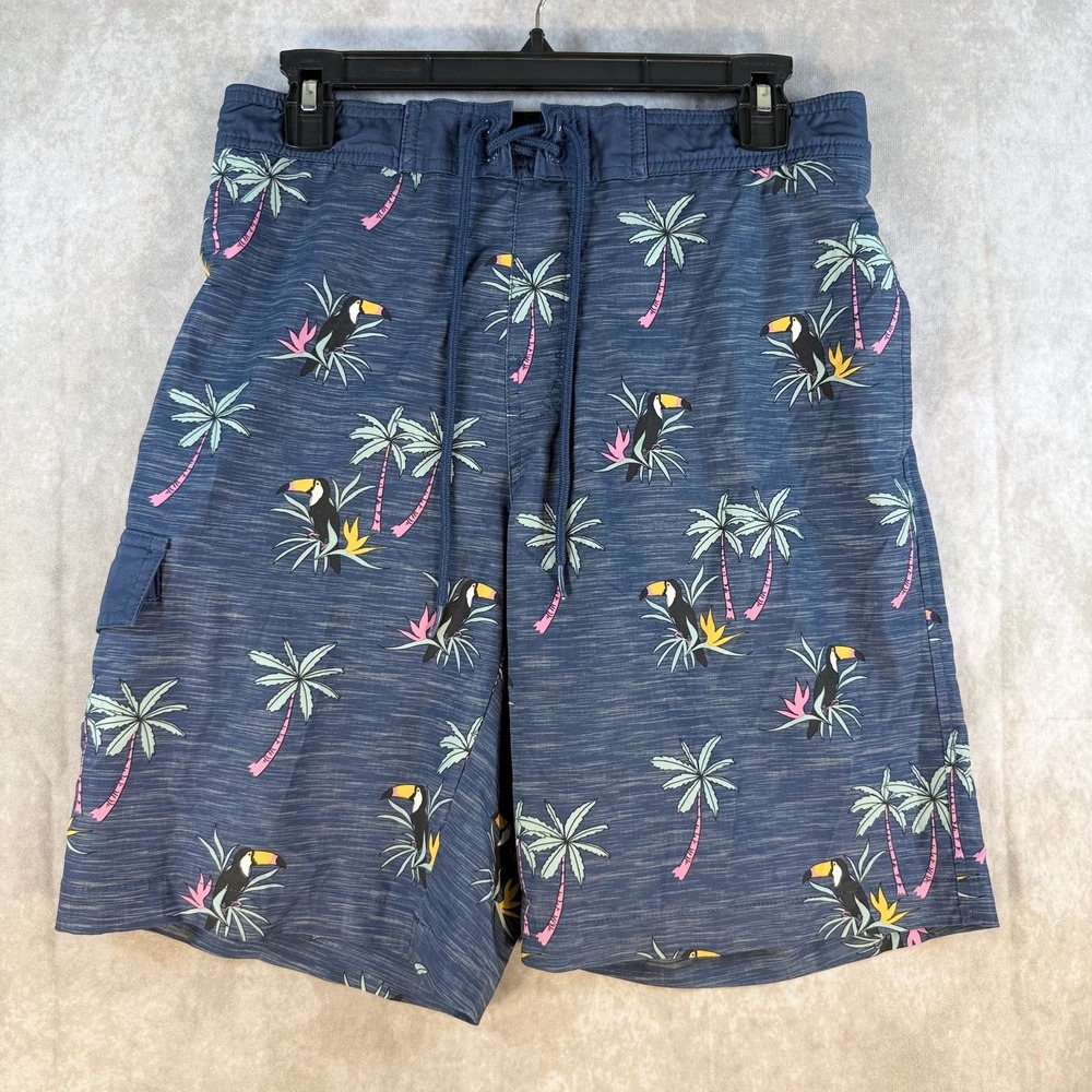 Sonoma Board Shorts Men Small Toucan Palm‎ Tree Tropical Swim Trunks Blue Casual